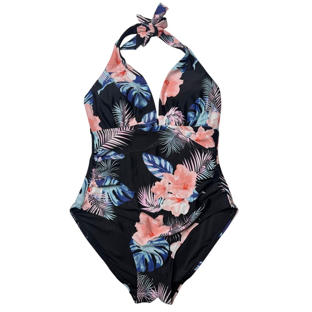 DKNY Tropical Floral Halter One Piece Swimsuit Tummy Control M Est. No Size Tag
